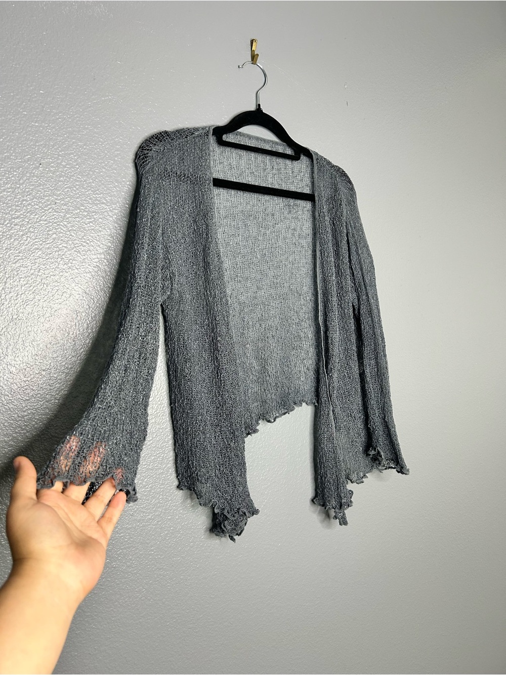 Gray Sheer Open-Front Ruffled Hem whimsigoth witchy Cardigan Shrug - Picture 3 of 11